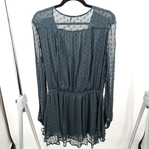 Free People Sheer Textured Long Sleeve Surplice Mini Dress Top S Dark Navy Blue - Picture 3 of 16